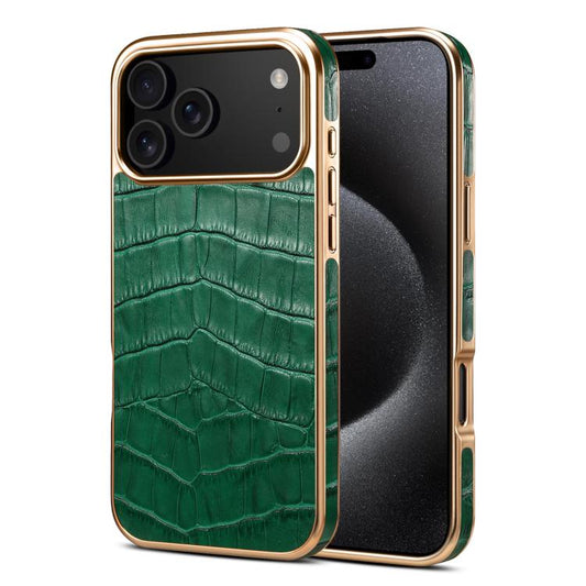 For iPhone 17 Pro Denior Crocodile Texture Genuine Leather Electroplating Phone Case(Green) - iPhone 17 Pro Cases by Denior | Online Shopping UK | buy2fix