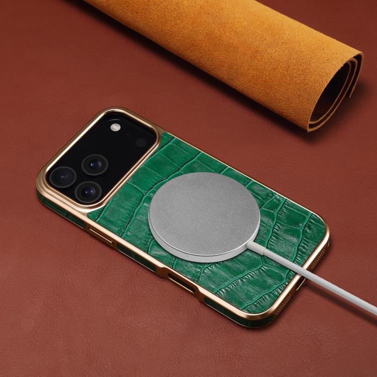 For iPhone 17 Pro Denior Crocodile Texture Genuine Leather Electroplating Phone Case(Green) - iPhone 17 Pro Cases by Denior | Online Shopping UK | buy2fix