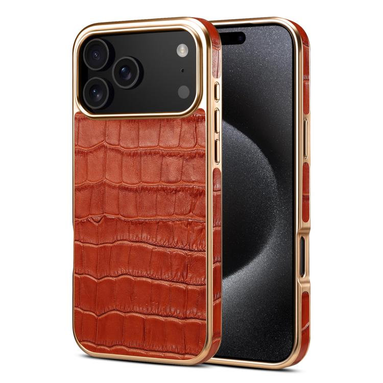 For iPhone 17 Pro Denior Crocodile Texture Genuine Leather Electroplating Phone Case(Mocha Brown) - iPhone 17 Pro Cases by Denior | Online Shopping UK | buy2fix