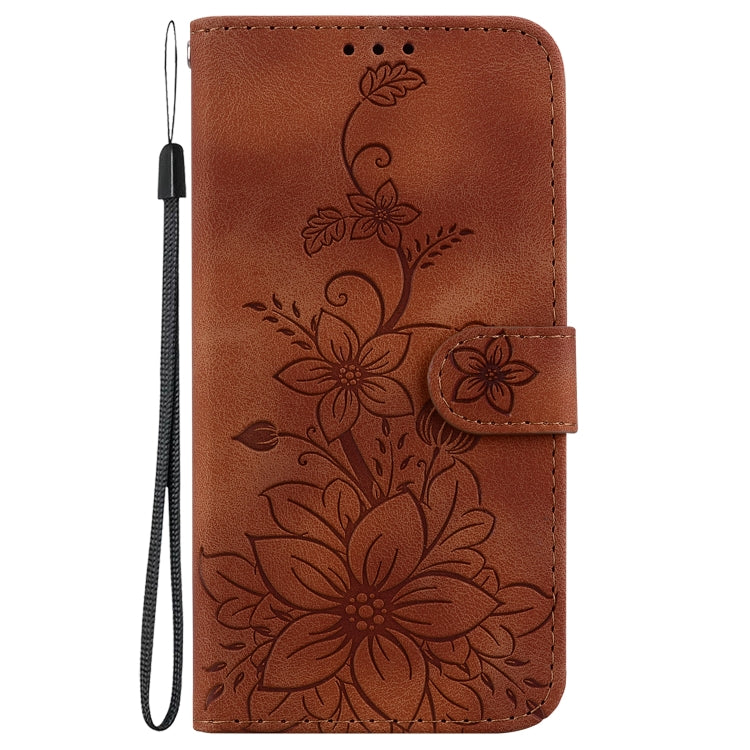 For Xiaomi Redmi Note 13 4G Global Lily Embossed Leather Phone Case(Brown) - Xiaomi Cases by buy2fix | Online Shopping UK | buy2fix