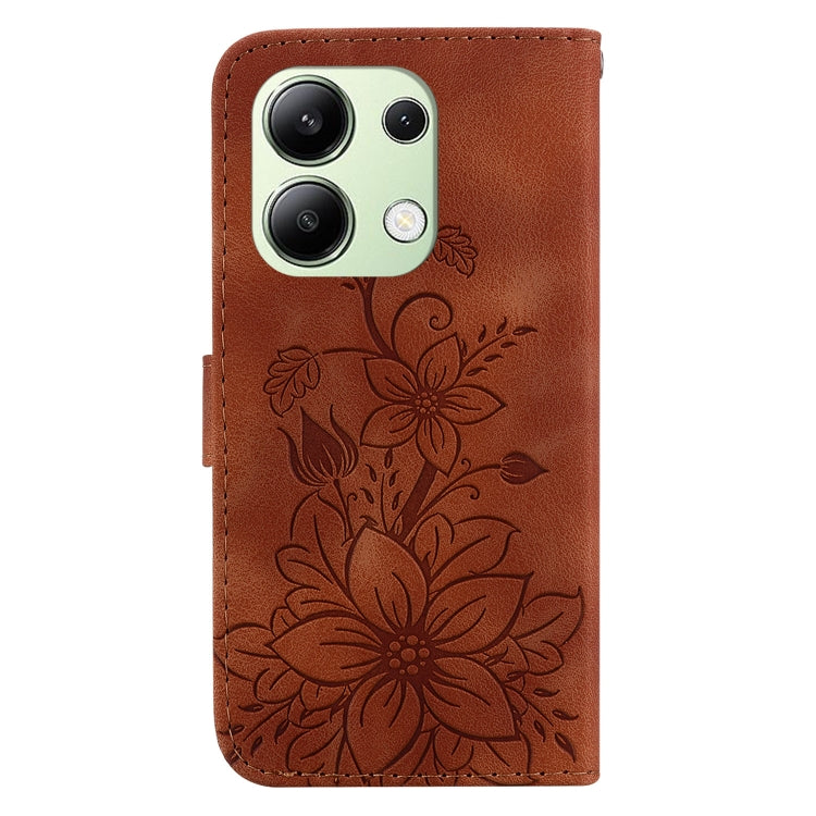 For Xiaomi Redmi Note 13 4G Global Lily Embossed Leather Phone Case(Brown) - Xiaomi Cases by buy2fix | Online Shopping UK | buy2fix