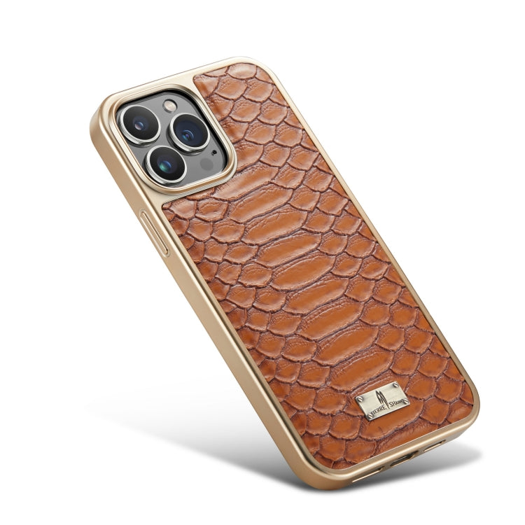 For iPhone 14 Fierre Shann Python Texture Electroplating PU Phone Case(Brown) - iPhone 14 Cases by FIERRE SHANN | Online Shopping UK | buy2fix