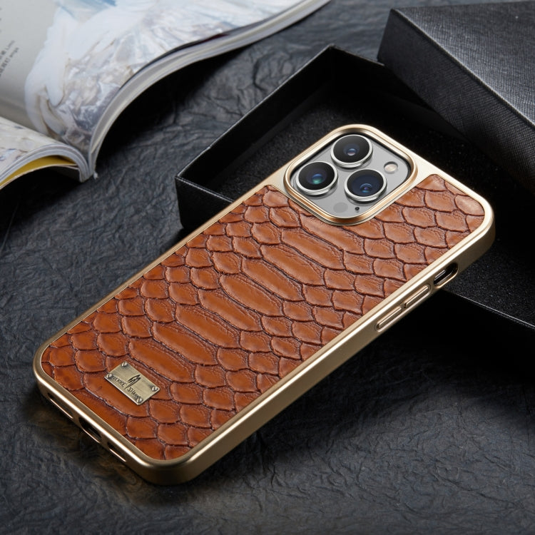 For iPhone 14 Fierre Shann Python Texture Electroplating PU Phone Case(Brown) - iPhone 14 Cases by FIERRE SHANN | Online Shopping UK | buy2fix