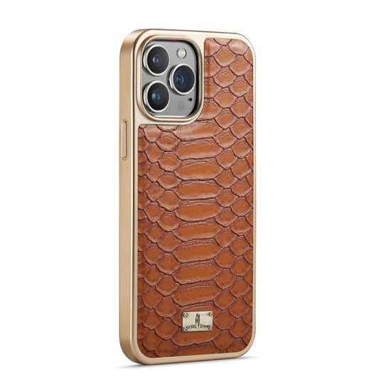 For iPhone 15 Pro Max Fierre Shann Python Texture Electroplating PU Phone Case(Brown) by FIERRE SHANN