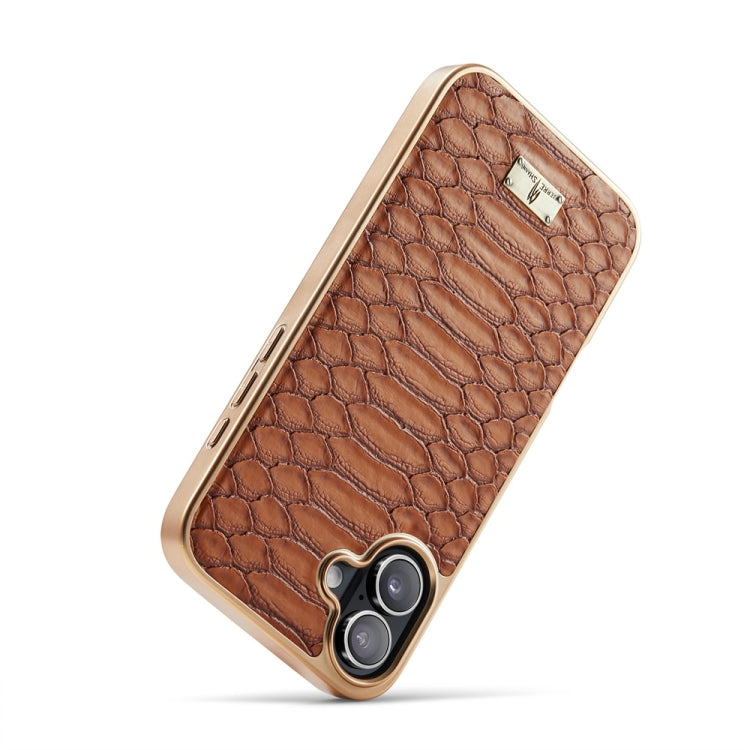For iPhone 16 Plus Fierre Shann Python Texture Electroplating PU Phone Case(Brown) by FIERRE SHANN