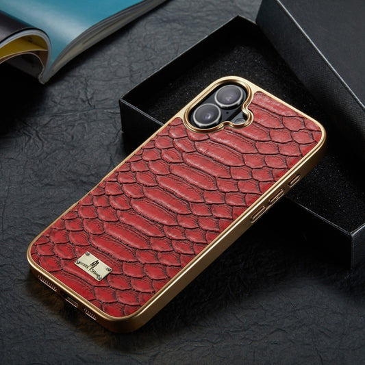 For iPhone 16 Plus Fierre Shann Python Texture Electroplating PU Phone Case(Red) by FIERRE SHANN