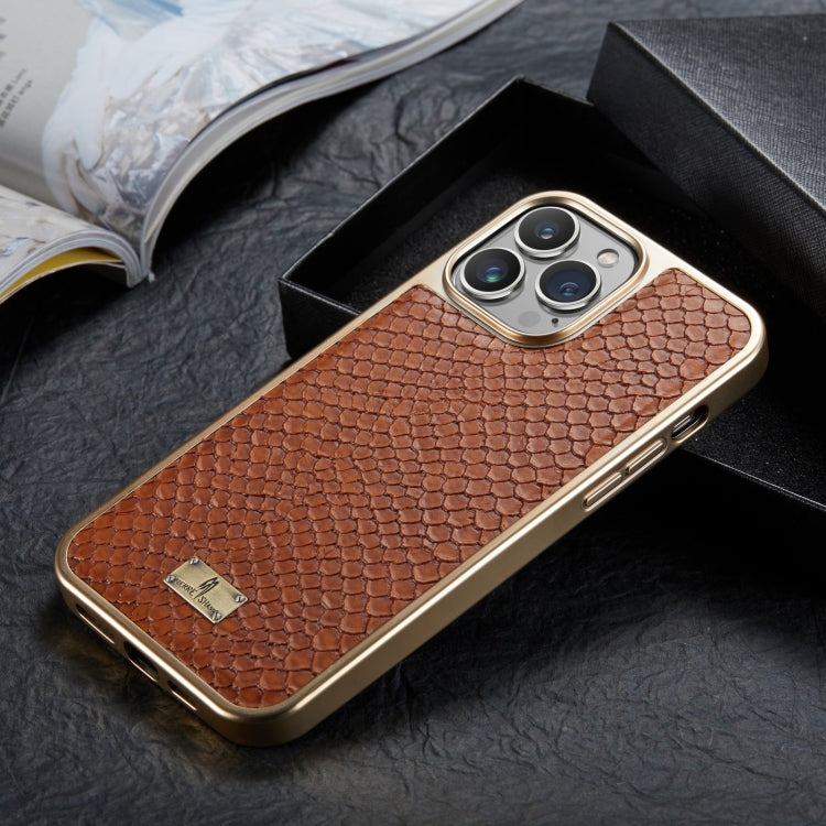 For iPhone 15 Pro Max Fierre Shann Snake Texture Electroplating PU Phone Case(Brown) by FIERRE SHANN