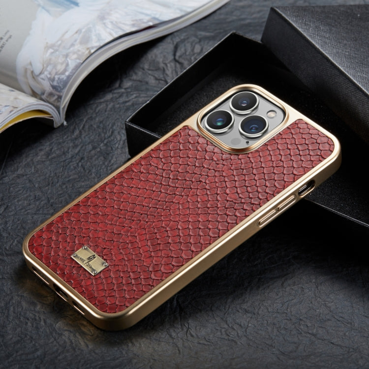 For iPhone 15 Pro Max Fierre Shann Snake Texture Electroplating PU Phone Case(Red) by FIERRE SHANN