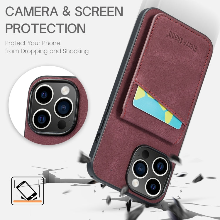 For iPhone 15 Pro Max Fierre Shann Crazy Horse Card Holder Back Cover PU Phone Case(Wine Red) by FIERRE SHANN