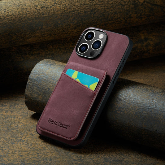 For iPhone 16 Pro Max Fierre Shann Crazy Horse Card Holder Back Cover PU Phone Case(Wine Red) by FIERRE SHANN