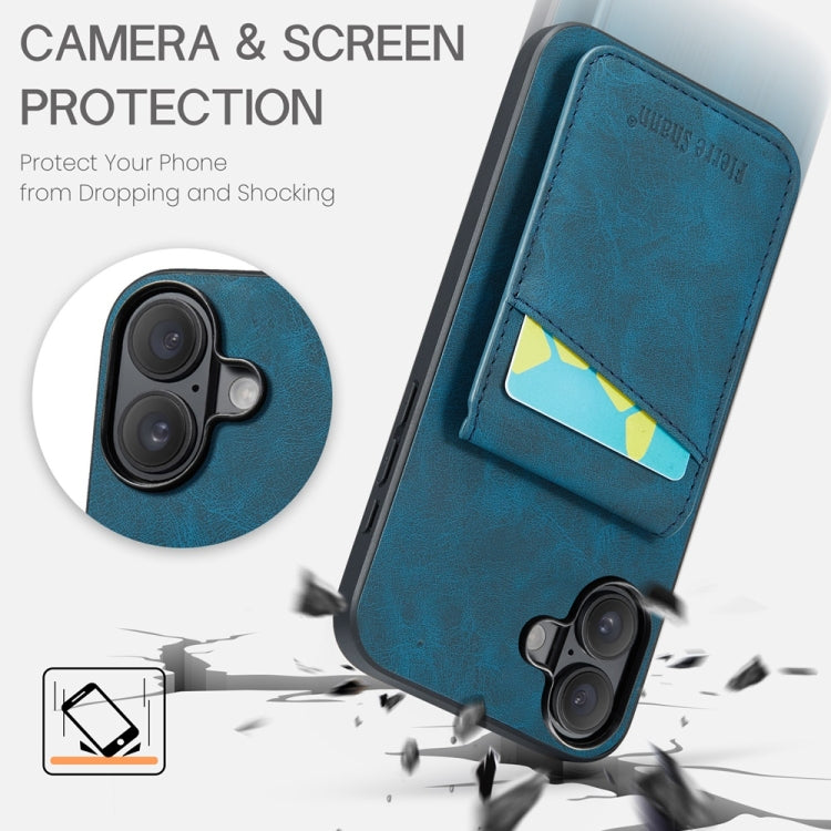 For iPhone 16 Plus Fierre Shann Crazy Horse Card Holder Back Cover PU Phone Case(Blue) by FIERRE SHANN
