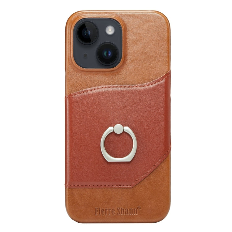 For iPhone 15 Fierre Shann Oil Wax Texture Genuine Leather Back Cover Phone Case(Brown) - iPhone 15 Cases by FIERRE SHANN | Online Shopping UK | buy2fix