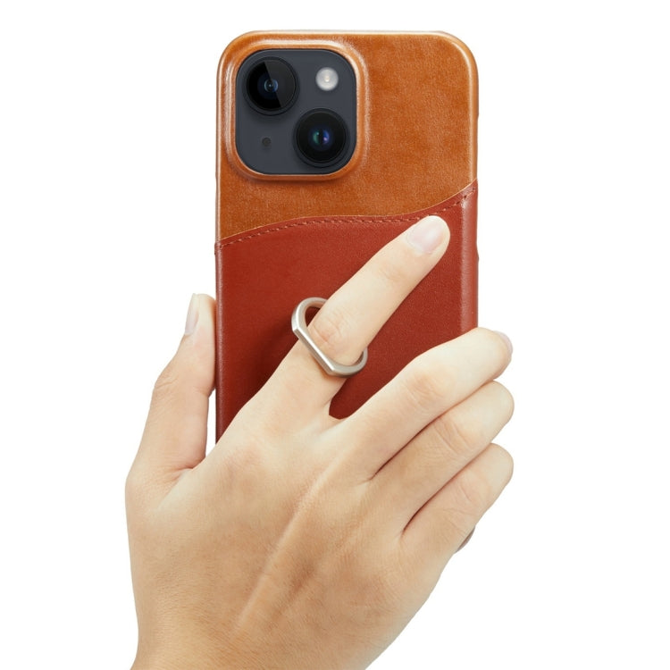 For iPhone 15 Fierre Shann Oil Wax Texture Genuine Leather Back Cover Phone Case(Brown) - iPhone 15 Cases by FIERRE SHANN | Online Shopping UK | buy2fix