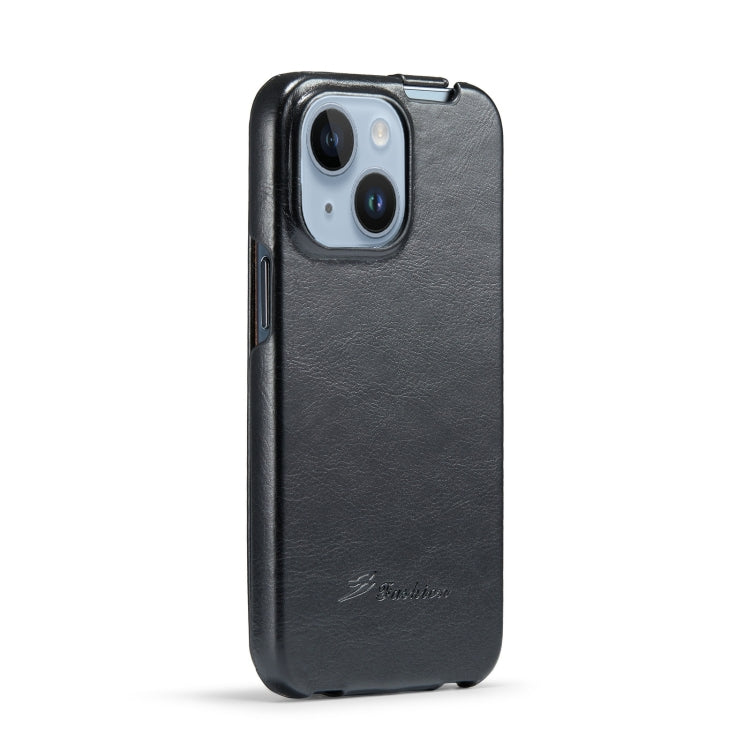 For iPhone 15 Plus Fierre Shann Oil Wax Texture Vertical Flip PU Phone Case(Black) - iPhone 15 Plus Cases by FIERRE SHANN | Online Shopping UK | buy2fix