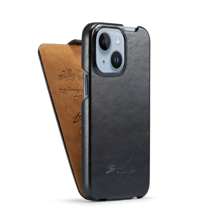 For iPhone 15 Plus Fierre Shann Oil Wax Texture Vertical Flip PU Phone Case(Black) - iPhone 15 Plus Cases by FIERRE SHANN | Online Shopping UK | buy2fix