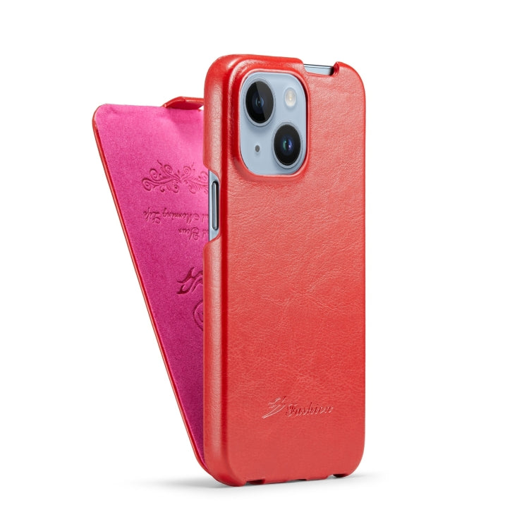 For iPhone 15 Fierre Shann Oil Wax Texture Vertical Flip PU Phone Case(Red) - iPhone 15 Cases by FIERRE SHANN | Online Shopping UK | buy2fix