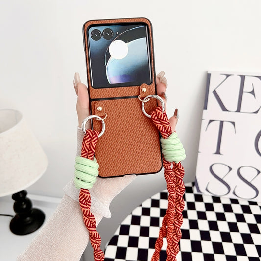 For Motorola Razr 50 Woven Texture Phone Case With Lanyard(Brown) by buy2fix
