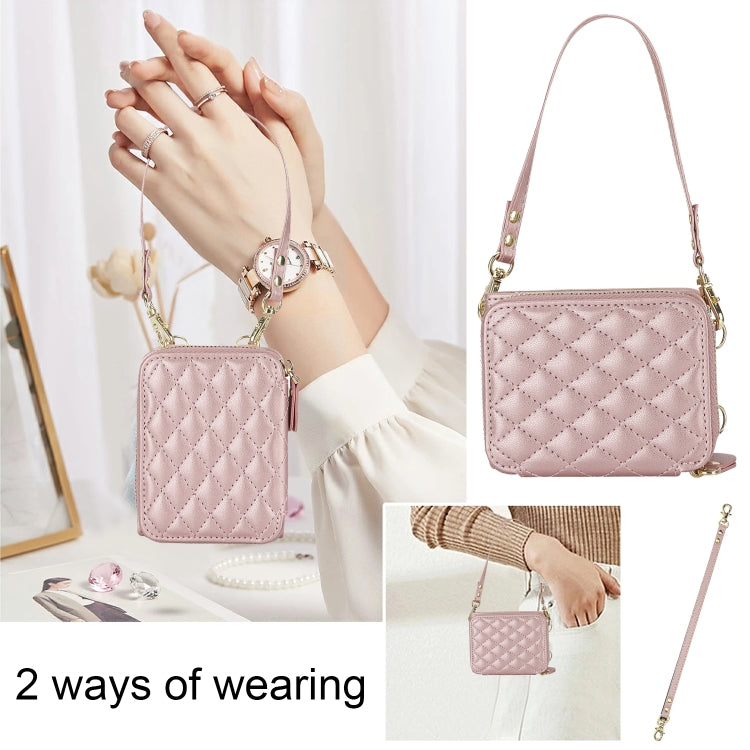 For Samsung Galaxy Z Flip5 Rhombic Texture Card Bag Phone Case with Dual Lanyard(Rose Gold) - Galaxy Z Flip5 Cases by buy2fix | Online Shopping UK | buy2fix