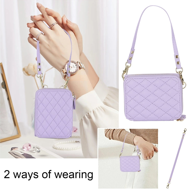 For Samsung Galaxy Z Flip5 Rhombic Texture Card Bag Phone Case with Dual Lanyard(Purple) - Galaxy Z Flip5 Cases by buy2fix | Online Shopping UK | buy2fix