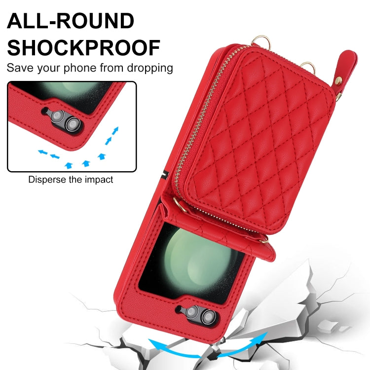 For Samsung Galaxy Z Flip6 Rhombic Texture Card Bag Phone Case with Dual Lanyard(Red) - Galaxy Z Flip6 5G Cases by buy2fix | Online Shopping UK | buy2fix