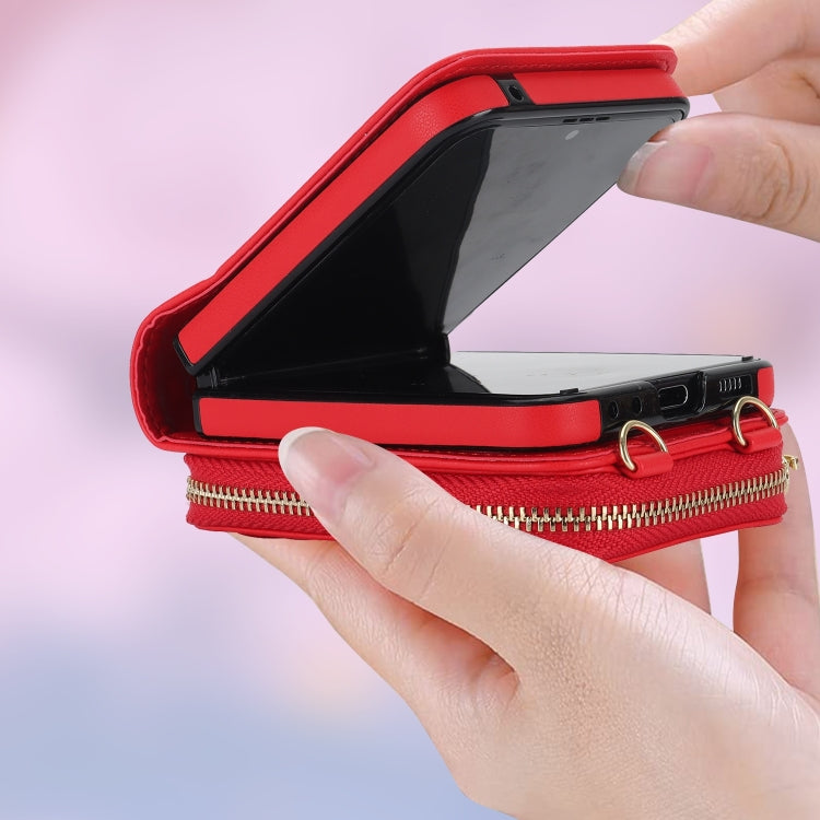 For Samsung Galaxy Z Flip6 Rhombic Texture Card Bag Phone Case with Dual Lanyard(Red) - Galaxy Z Flip6 5G Cases by buy2fix | Online Shopping UK | buy2fix