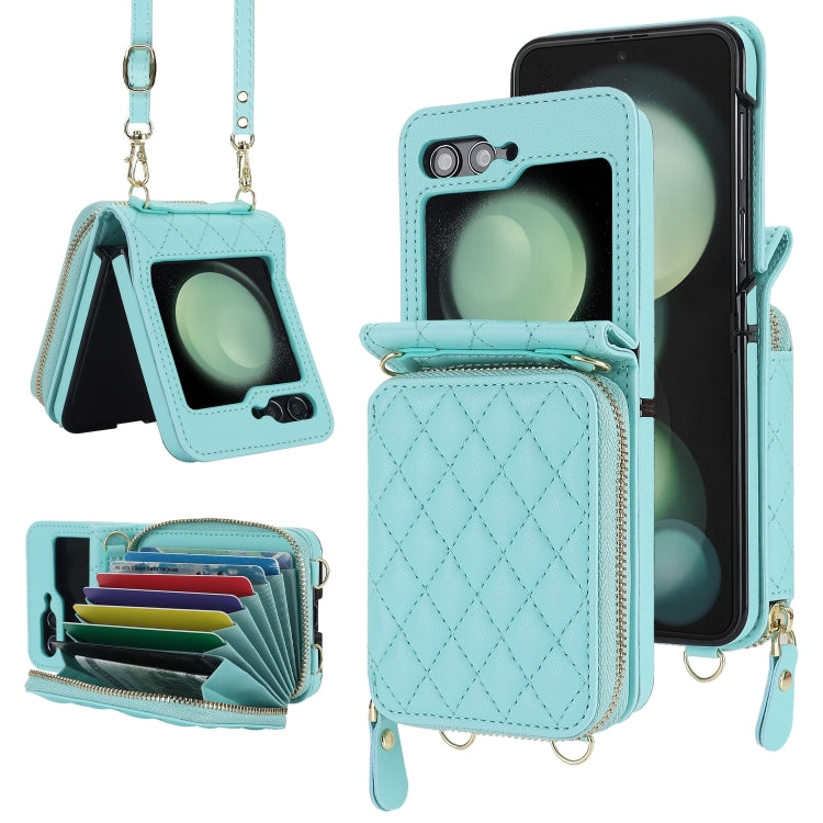 For Samsung Galaxy Z Flip6 Rhombic Texture Card Bag Phone Case with Dual Lanyard(Green) - Galaxy Z Flip6 5G Cases by buy2fix | Online Shopping UK | buy2fix