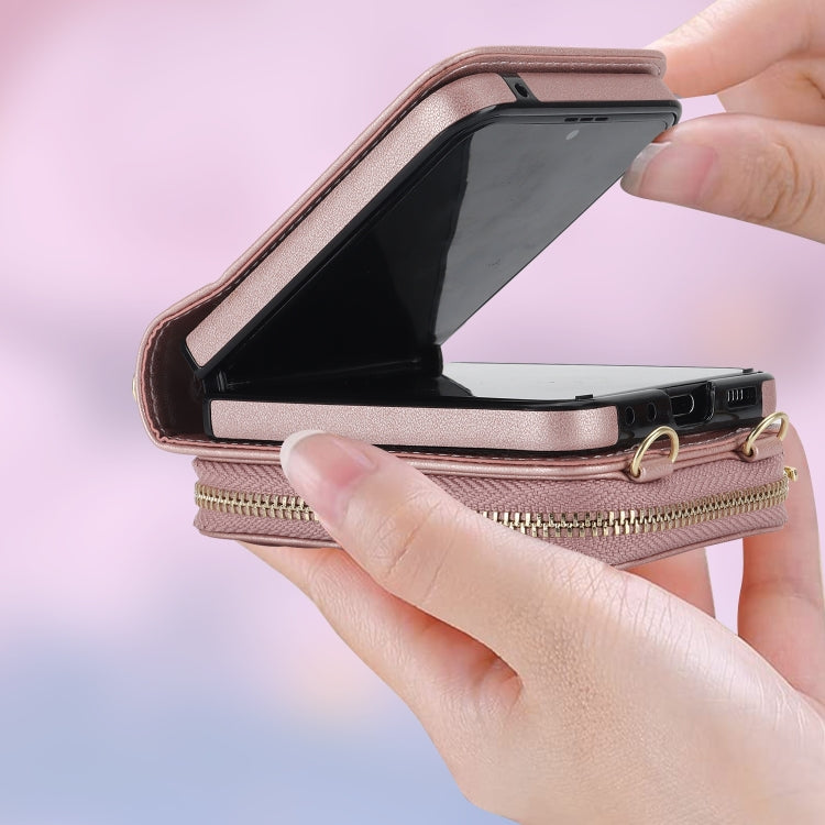 For Samsung Galaxy Z Flip6 Rhombic Texture Card Bag Phone Case with Dual Lanyard(Rose Gold) - Galaxy Z Flip6 5G Cases by buy2fix | Online Shopping UK | buy2fix