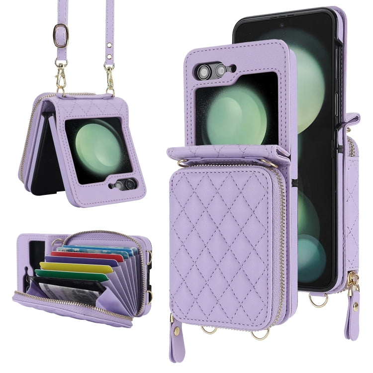 For Samsung Galaxy Z Flip6 Rhombic Texture Card Bag Phone Case with Dual Lanyard(Purple) - Galaxy Z Flip6 5G Cases by buy2fix | Online Shopping UK | buy2fix