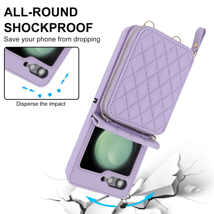 For Samsung Galaxy Z Flip6 Rhombic Texture Card Bag Phone Case with Dual Lanyard(Purple) - Galaxy Z Flip6 5G Cases by buy2fix | Online Shopping UK | buy2fix