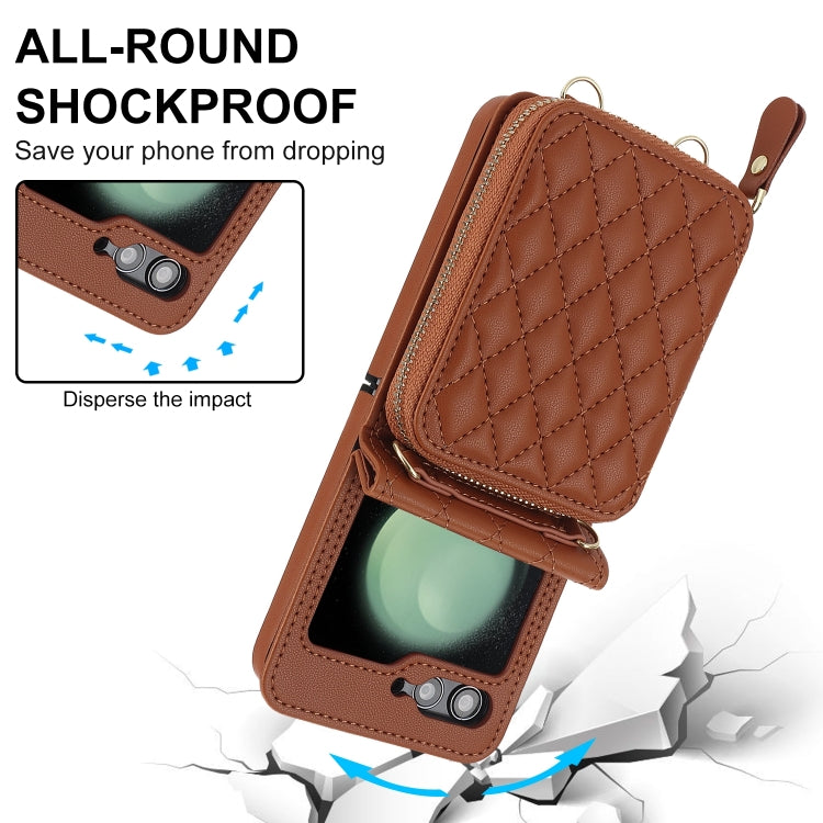 For Samsung Galaxy Z Flip6 Rhombic Texture Card Bag Phone Case with Dual Lanyard(Brown) - Galaxy Z Flip6 5G Cases by buy2fix | Online Shopping UK | buy2fix