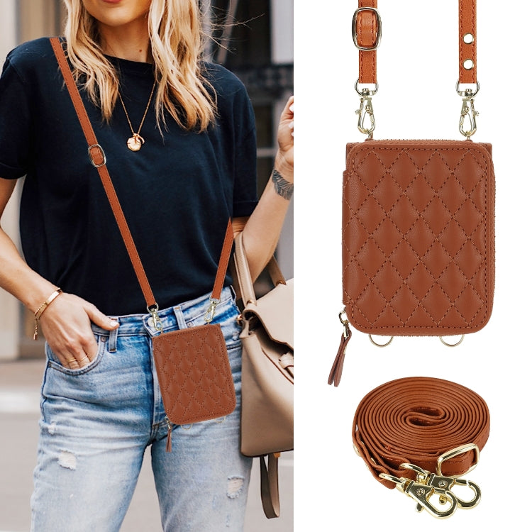 For Samsung Galaxy Z Flip6 Rhombic Texture Card Bag Phone Case with Dual Lanyard(Brown) - Galaxy Z Flip6 5G Cases by buy2fix | Online Shopping UK | buy2fix