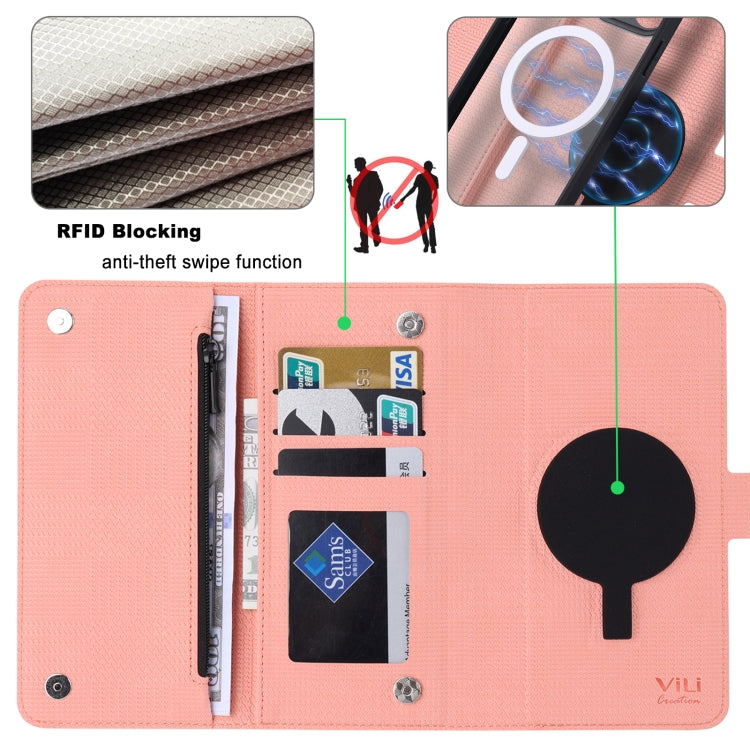 For iPhone 13 Pro Max ViLi GHB Series MagSafe Magnetic Zipper Leather Phone Case(Pink) by ViLi
