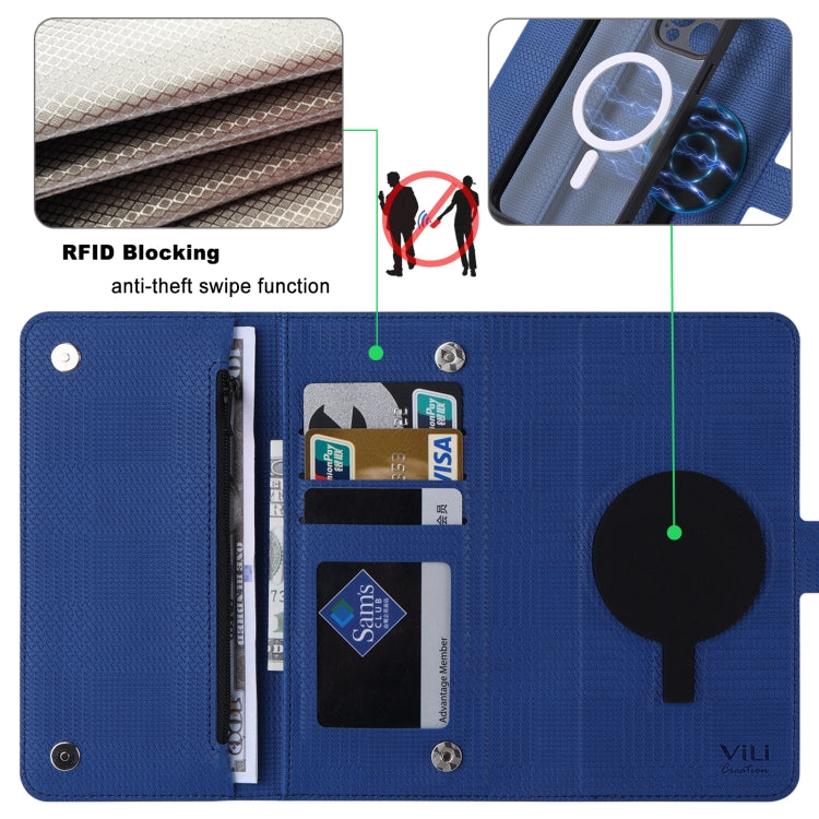 For iPhone 14 Pro ViLi GHB Series MagSafe Magnetic Zipper Leather Phone Case(Blue) by ViLi