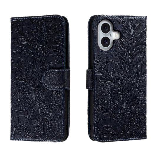 For iPhone 16 Lace Flower Embossing Flip Leather Phone Case(Dark Blue) - iPhone 16 Cases by buy2fix | Online Shopping UK | buy2fix