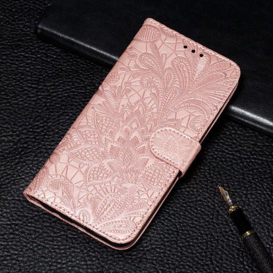 For iPhone 16 Plus Lace Flower Embossing Flip Leather Phone Case(Rose Gold) by buy2fix