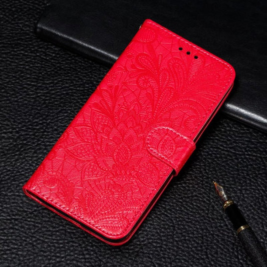 For iPhone 16 Plus Lace Flower Embossing Flip Leather Phone Case(Red) by buy2fix