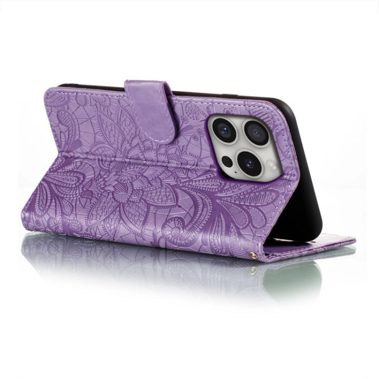 For iPhone 16 Pro Lace Flower Embossing Flip Leather Phone Case(Purple) by buy2fix