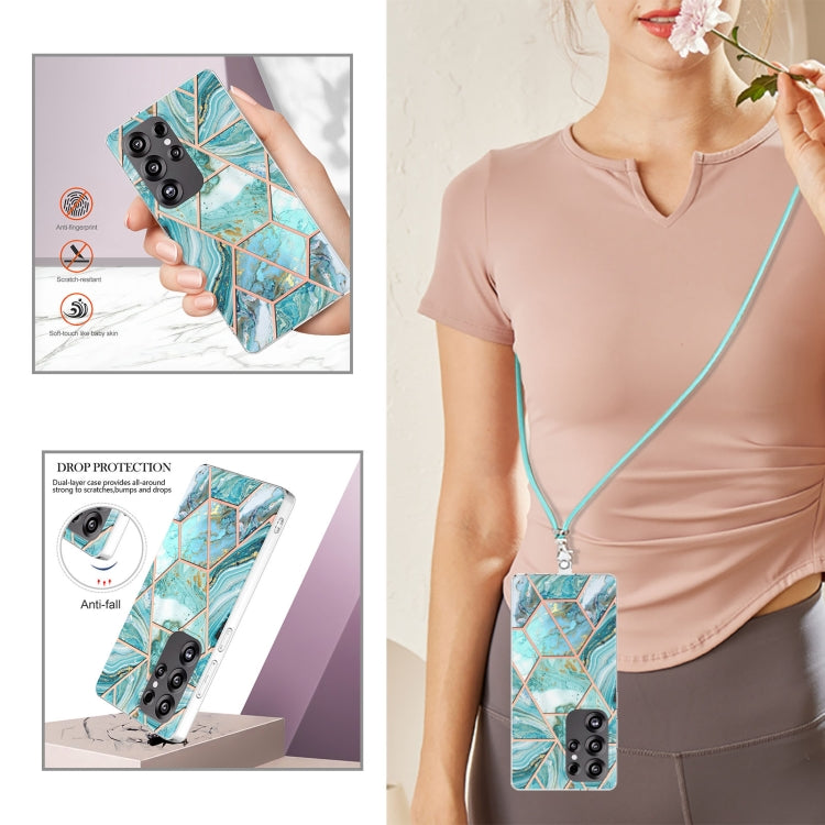 For Samsung Galaxy S25 Ultra 5G Electroplating IMD Splicing Dual-side Marble TPU Phone Case with Lanyard(Blue) by buy2fix