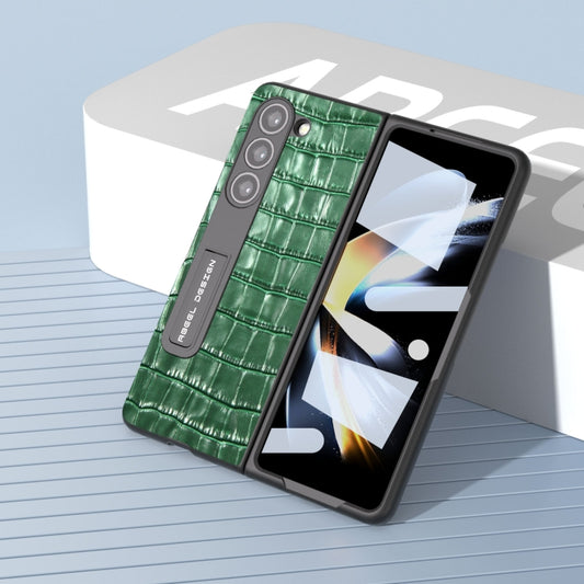 For Samsung Galaxy Z Fold5 ABEEL Integrated Crocodile Texture Genuine Leather Phone Case with Holder(Green) - Galaxy Z Fold5 Cases by buy2fix | Online Shopping UK | buy2fix