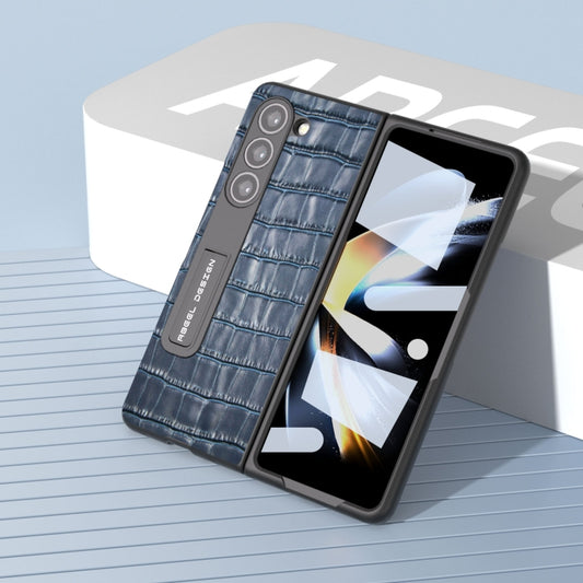 For Samsung Galaxy Z Fold5 ABEEL Integrated Crocodile Texture Genuine Leather Phone Case with Holder(Blue) - Galaxy Z Fold5 Cases by buy2fix | Online Shopping UK | buy2fix