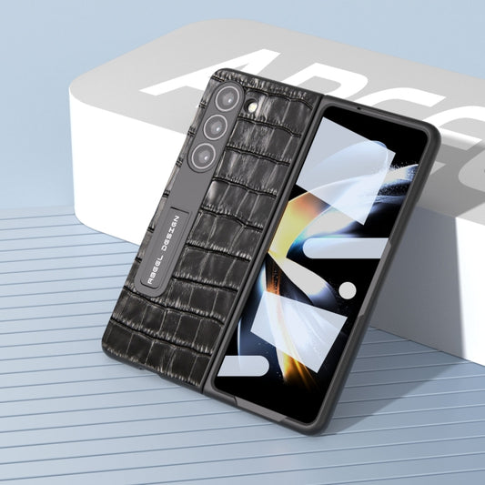 For Samsung Galaxy Z Fold5 ABEEL Integrated Crocodile Texture Genuine Leather Phone Case with Holder(Black) - Galaxy Z Fold5 Cases by buy2fix | Online Shopping UK | buy2fix