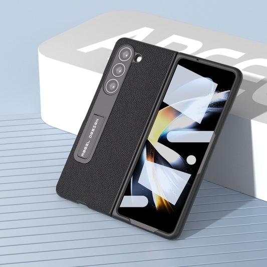 For Samsung Galaxy Z Fold5 ABEEL Integrated Genuine Leather + PC Litchi Texture Phone Case with Holder(Black) - Galaxy Z Fold5 Cases by buy2fix | Online Shopping UK | buy2fix