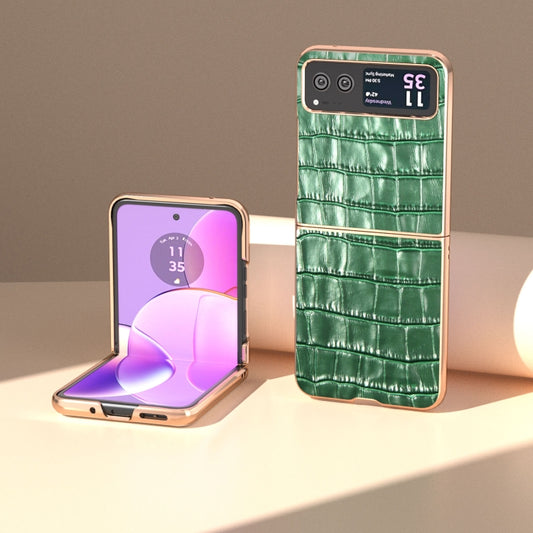 For Motorola Razr 40 Crocodile Texture Genuine Leather Electroplating Phone Case(Dark Green) by buy2fix