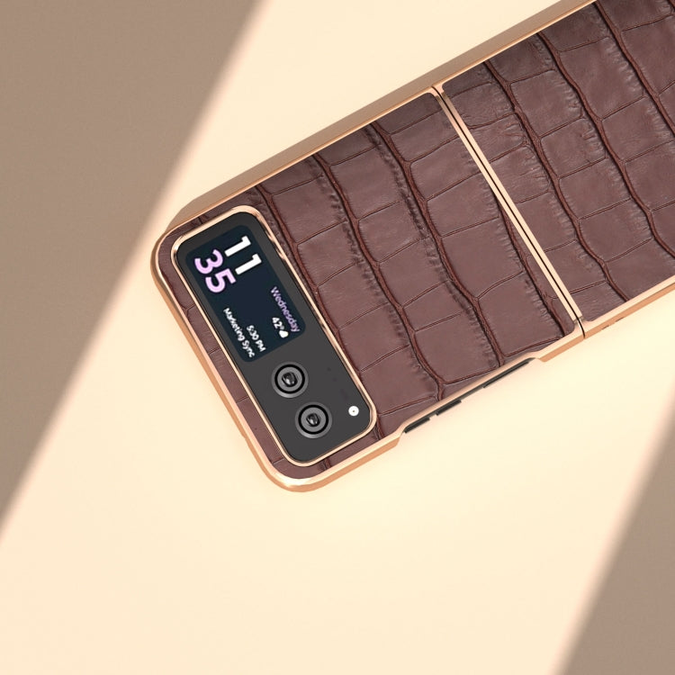 For Motorola Razr 40 Crocodile Texture Genuine Leather Electroplating Phone Case(Brown) by buy2fix