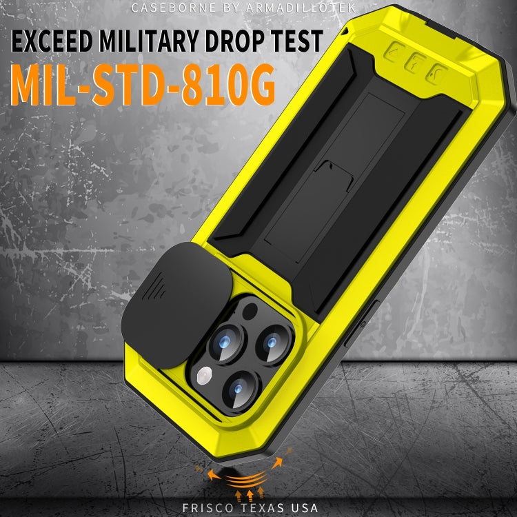 For iPhone 15 Pro Max R-JUST Sliding Camera IP54 Life Waterproof Holder Phone Case(Yellow) - iPhone 15 Pro Max Cases by R-JUST | Online Shopping UK | buy2fix