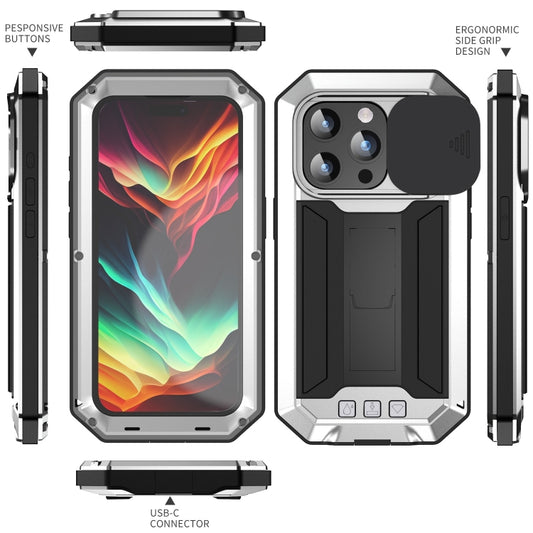 For iPhone 15 Pro Max R-JUST Sliding Camera IP54 Life Waterproof Holder Phone Case(Silver) - iPhone 15 Pro Max Cases by R-JUST | Online Shopping UK | buy2fix