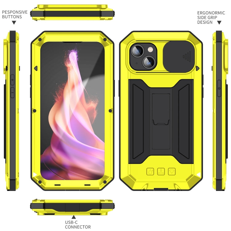 For iPhone 15 Plus R-JUST Sliding Camera IP54 Life Waterproof Holder Phone Case(Yellow) - iPhone 15 Plus Cases by R-JUST | Online Shopping UK | buy2fix