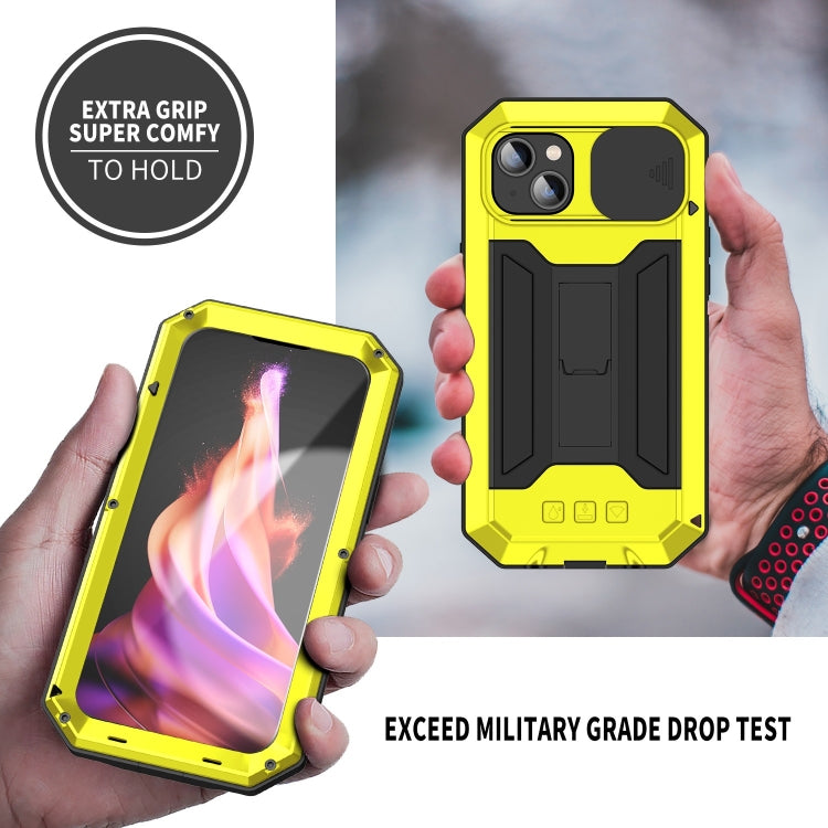 For iPhone 15 Plus R-JUST Sliding Camera IP54 Life Waterproof Holder Phone Case(Yellow) - iPhone 15 Plus Cases by R-JUST | Online Shopping UK | buy2fix