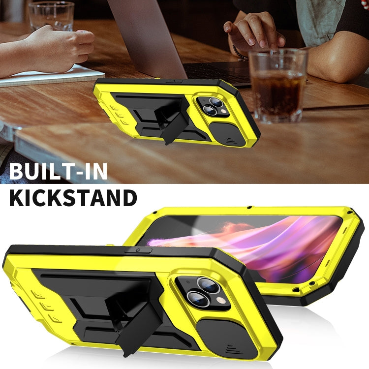For iPhone 15 Plus R-JUST Sliding Camera IP54 Life Waterproof Holder Phone Case(Yellow) - iPhone 15 Plus Cases by R-JUST | Online Shopping UK | buy2fix