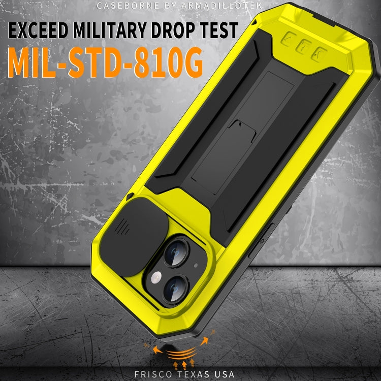 For iPhone 15 Plus R-JUST Sliding Camera IP54 Life Waterproof Holder Phone Case(Yellow) - iPhone 15 Plus Cases by R-JUST | Online Shopping UK | buy2fix